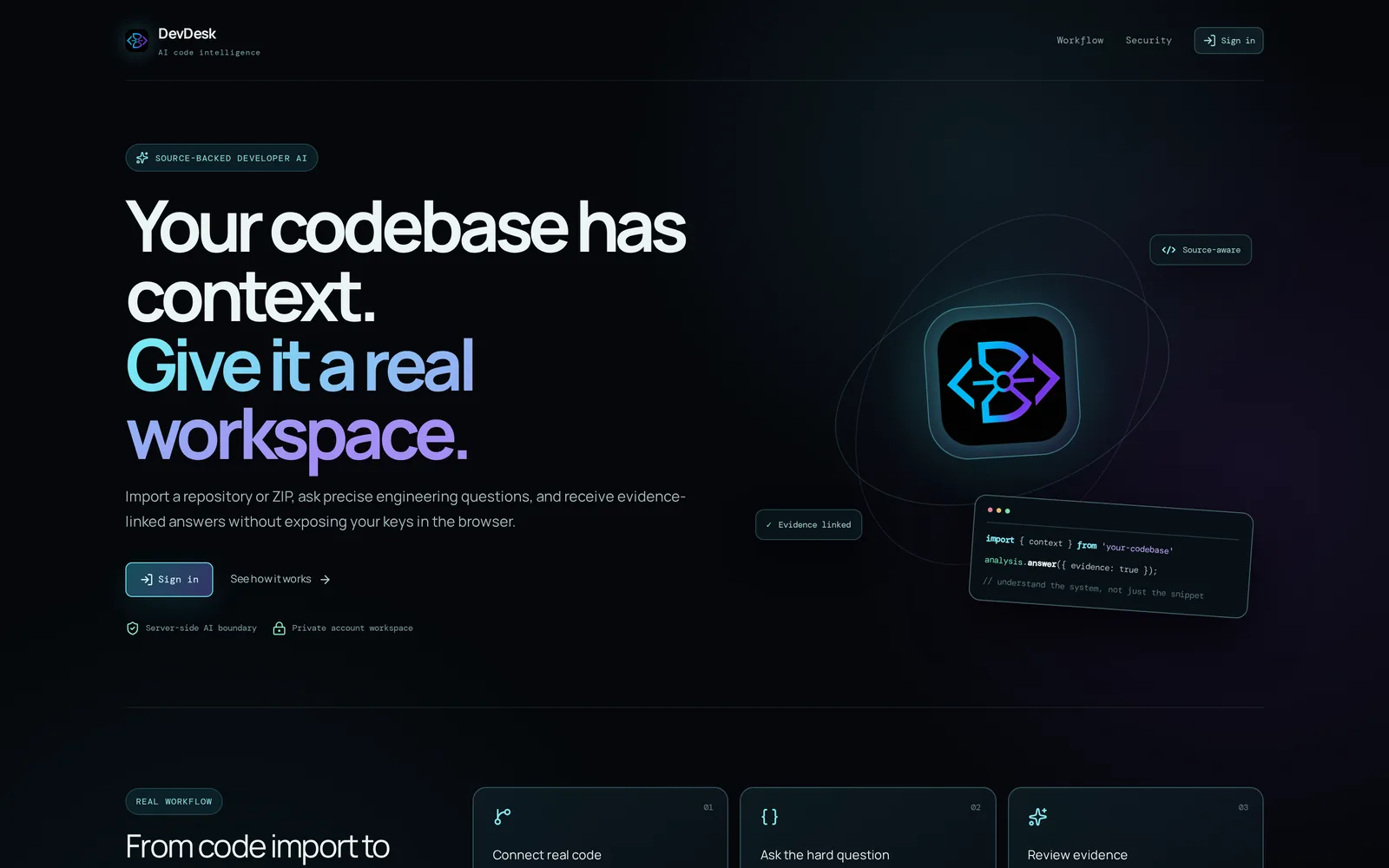 DevDesk AI landing page — an authenticated workspace for asking source-backed questions about an imported codebase