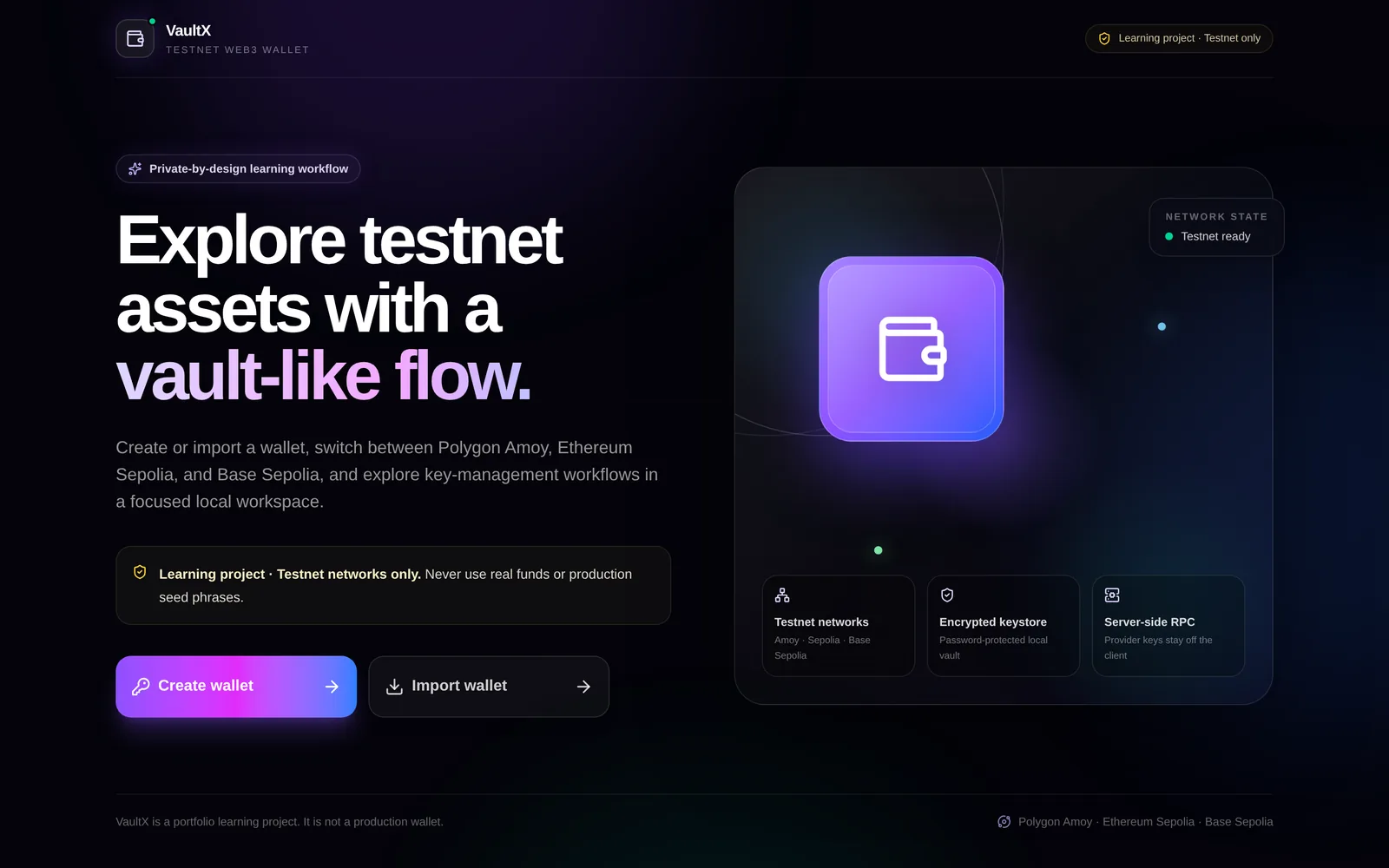 VaultX landing page — a multi-chain testnet wallet with encrypted keystore and a vault-like asset flow